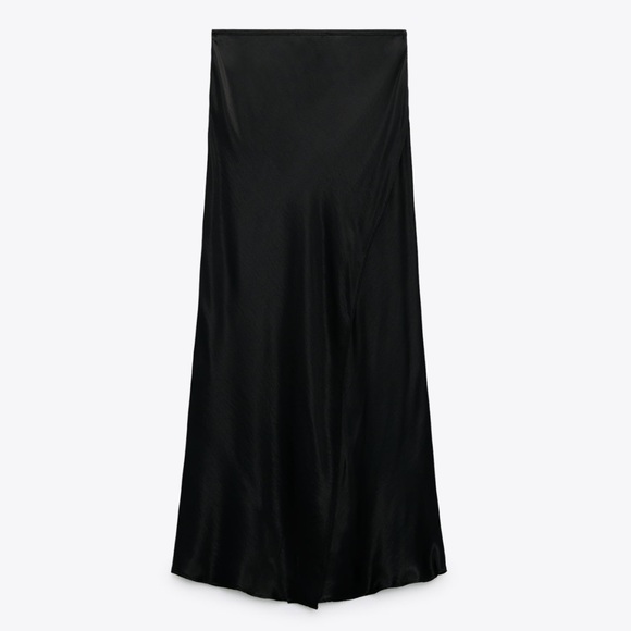 Zara Black Satin Front & Back Slit High Waisted Midi Skirt Size XS - Picture 7 of 9